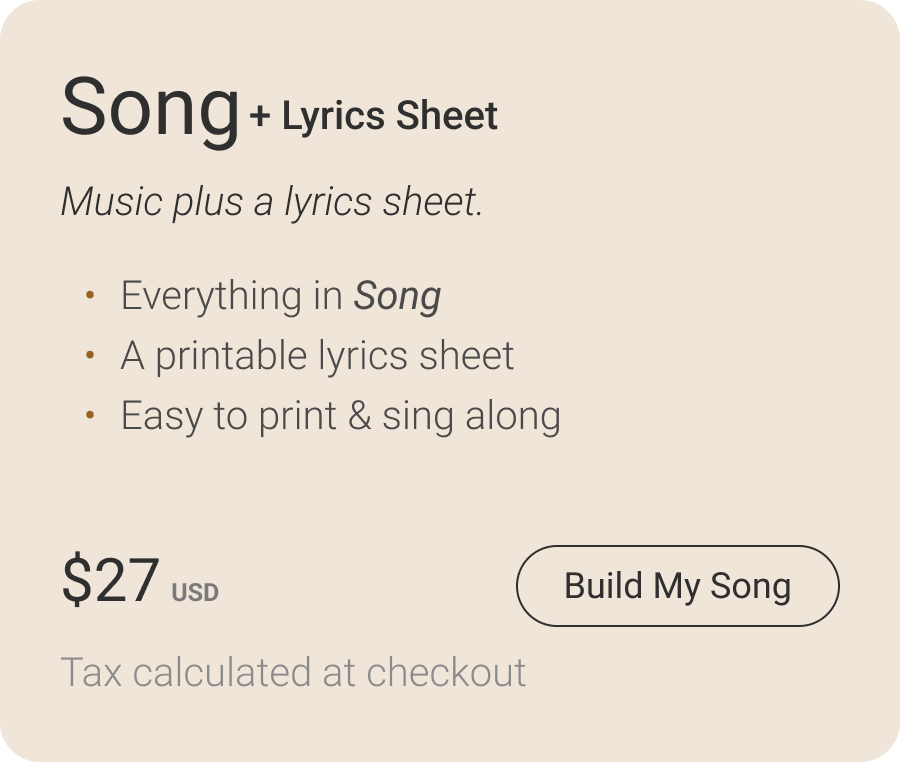 Song plus lyrics sheet pricing option